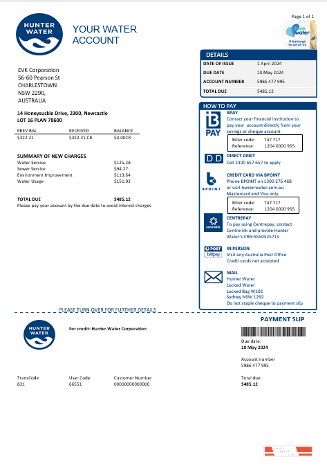 Australia Hunter Water business utility bill template in Word and PDF format